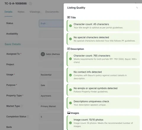 Leads management page showing leads from multiple sources, including Facebook, Instagram, Property Finder, and Bayut.